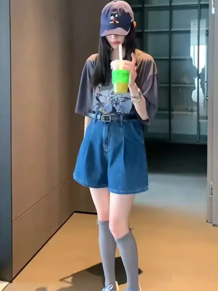 

Плиссированные джинсовые брюки с высокой талией в стиле ретро, женские летние тонкие свободные утягивающие широкие брюки трапециевидной формы, повседневные синие джинсы