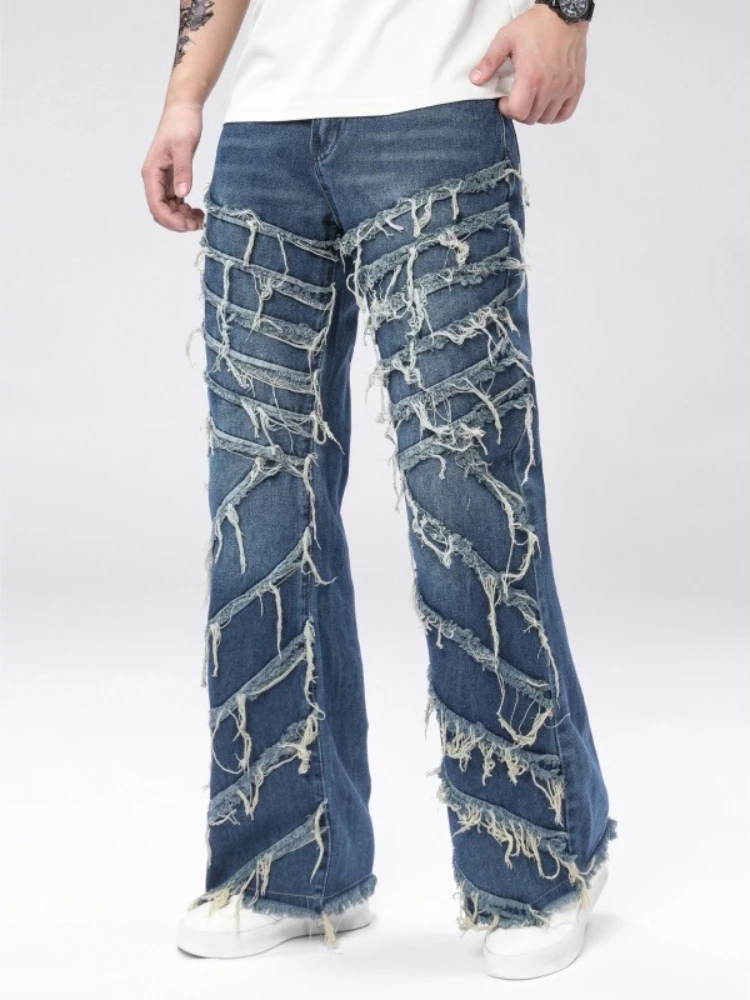 Men's Casual Style Biker Jeans Stylish Splicing Loose Straight Denim Pants American Retro HipHop Street Male Fringe Trousers
