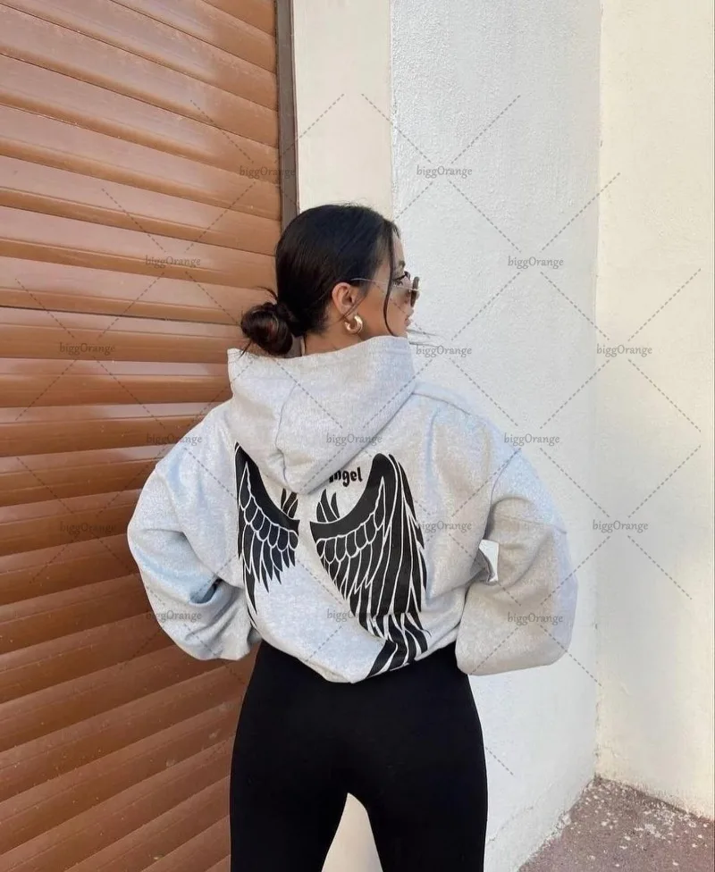 High Street Fashion Versatile Angel Wings Printed Loose Hoodie Men Harajuku Y2K Casual Personalized Oversized Sweatshirt Women