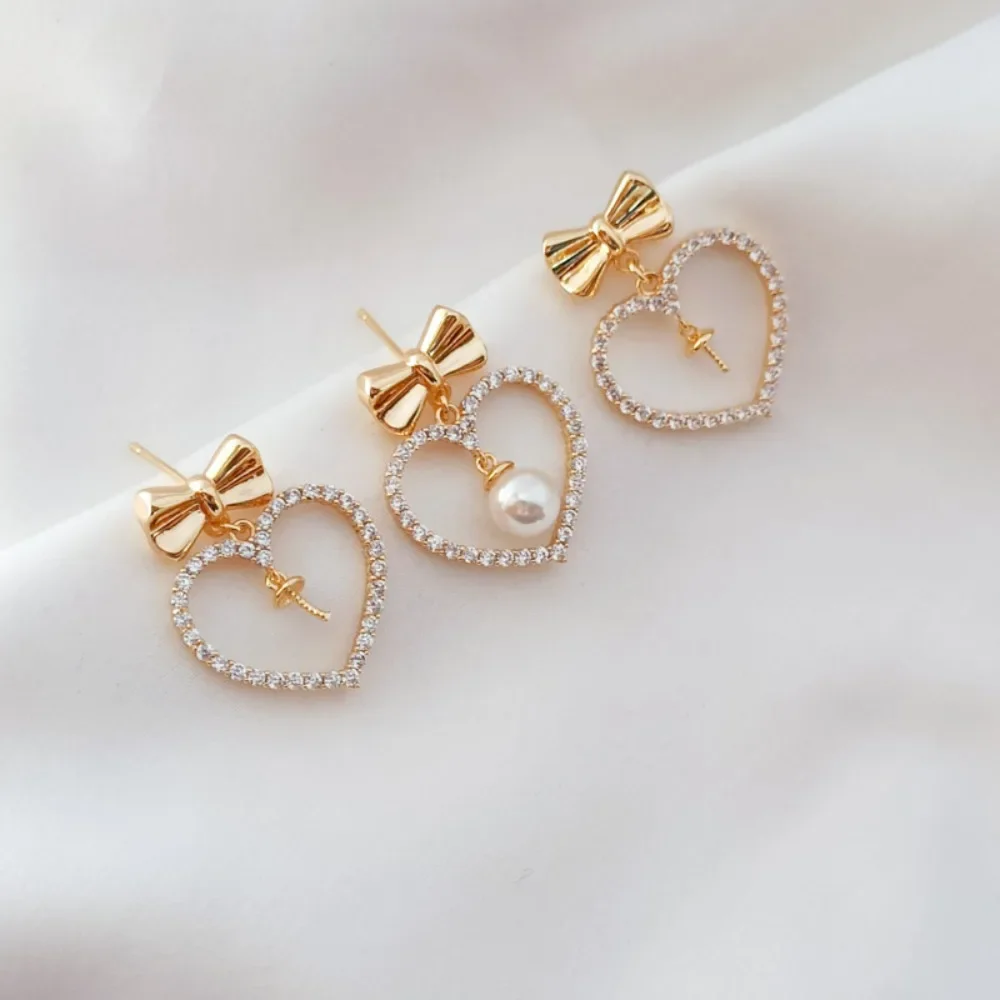 

14K Gold-encrusted Zircon Heart-shaped Bow with Lid and Pendant S925 Silver Ear Needle Earrings DIY Accessory