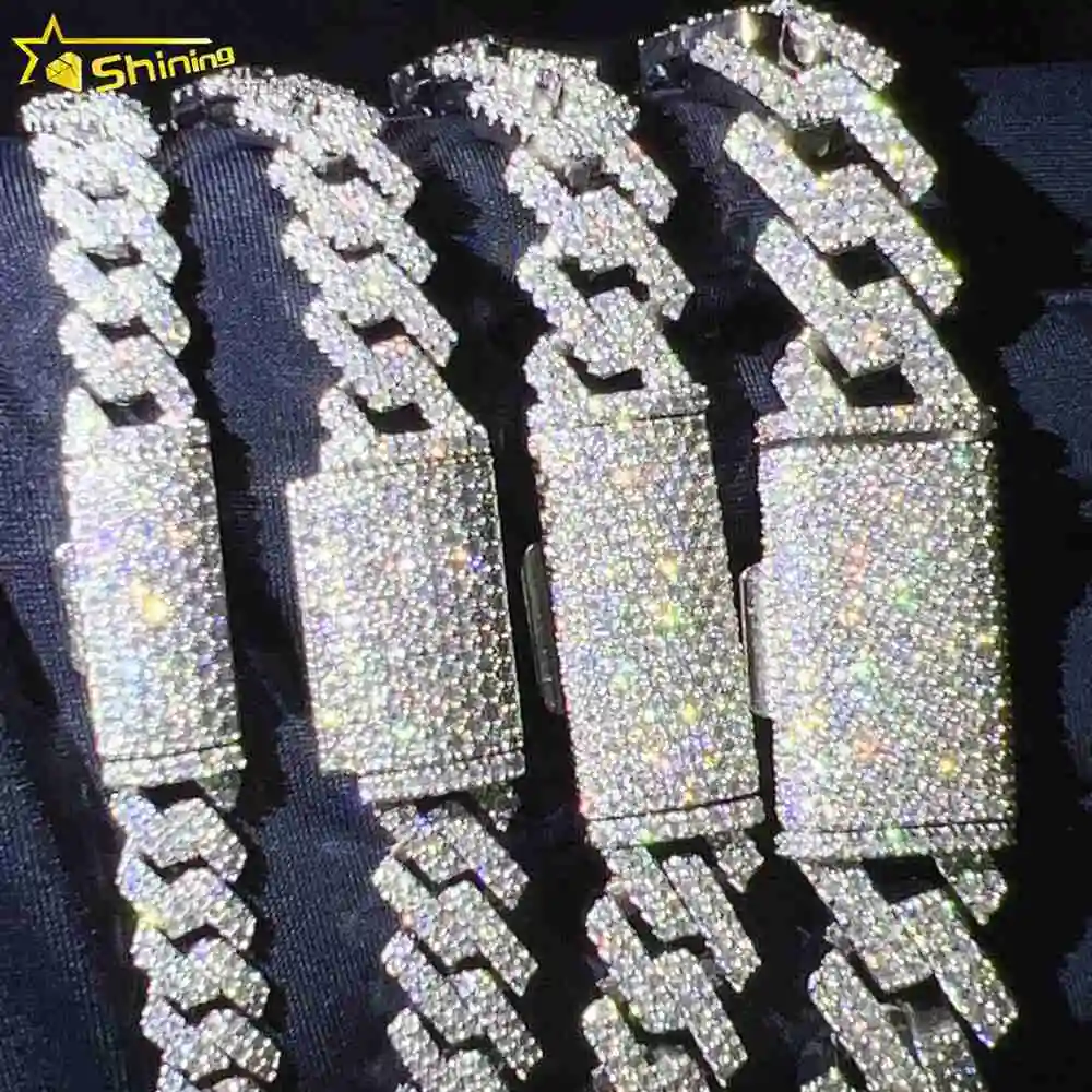 Iced Out Vvs Moissanite 2 Rows Miami Gold Cuban Chain Necklace 925 Sterling Silver Diamond Link.