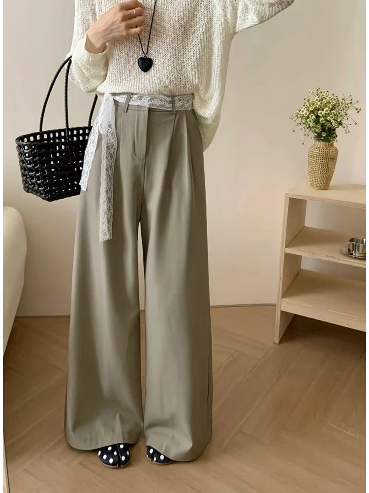 

High Waist Wide Leg Pants Women's Loose Casual Floor-Length Personalized Trousers with Lace Belt Long Pants Summer Fashion