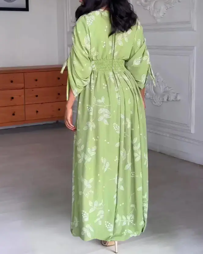 

Women's Floral Print Overlapping V-Neck Drawstring Sleeve Fitted Waist Long Dress Casual Tie Waist Zipper Back Vacation Dress