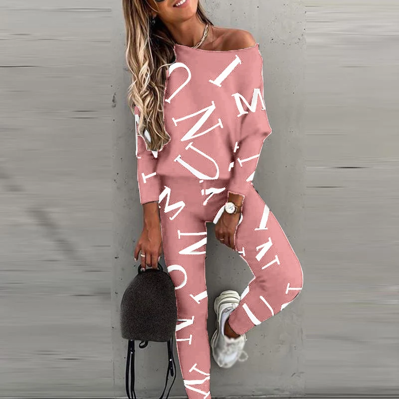 Women Sportswear Suit 2022 Autumn New Fashion Letter Print Fit One Shoulder Long Sleeve Top High Waist Drawstring Long Pants Set