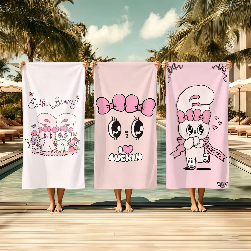Cartoon Pink E-Esther Bunny Cute Rabbit Towel Textile Bathrobe Beach Quick-Drying Lightweight Portable Camping Swim Pool Travel