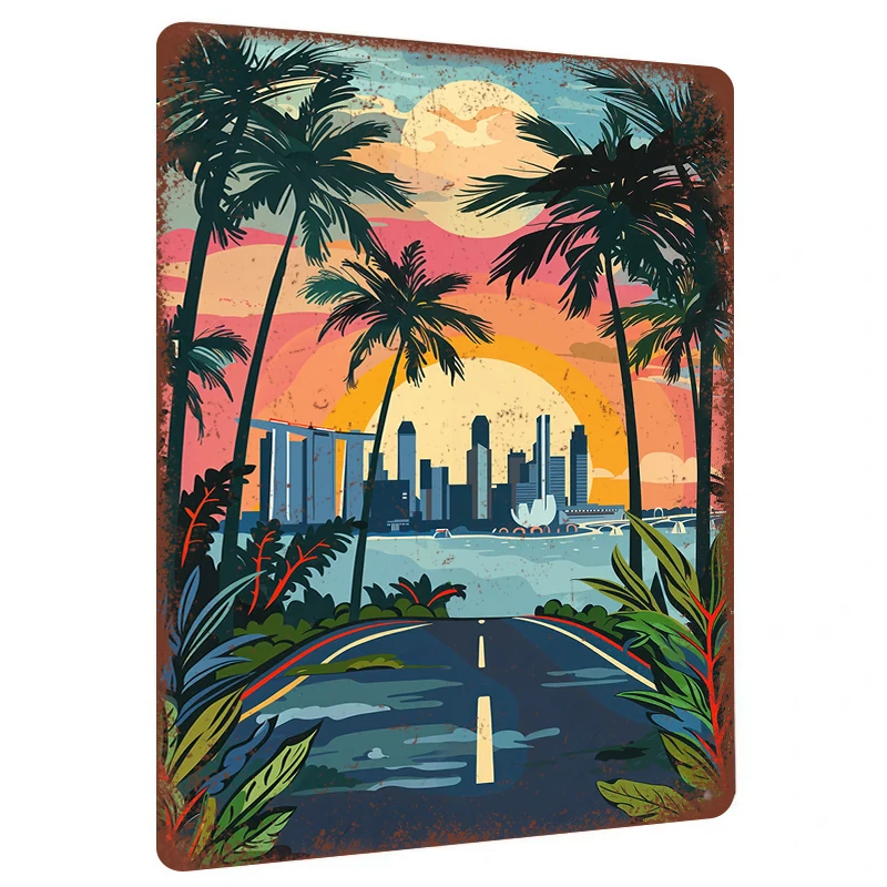 Art Craft Definition - Tropical Sunset Singapore Skyline Metal Wall