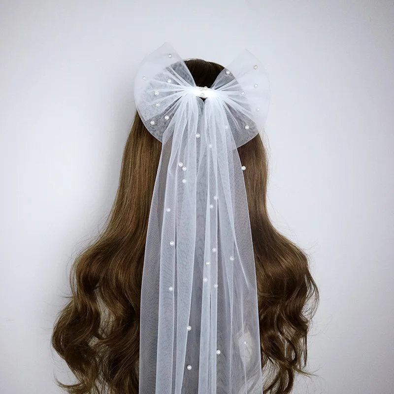 

Long Ribbon Mesh Bow Hair Clips For Women Pearl Hairpin Bride Bridemaid Hair Clip White Mesh Wedding Party Hair Accessories