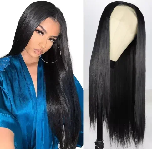 Long Soft Hair Straight Black Color Synthetic HD Lace Frontal Wig For Black Women Prepucked With Baby Hair Glueless Wig