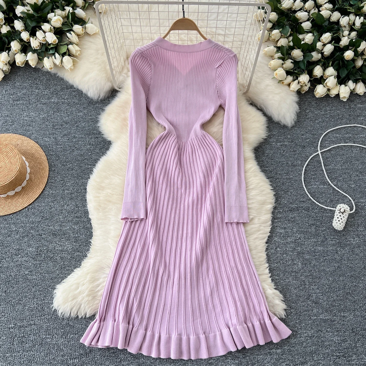 French Sweet  Elega V Neck Single Breasted Solid Knit Long SleeveDress Women Basics Fashion Autumn Winter Dress