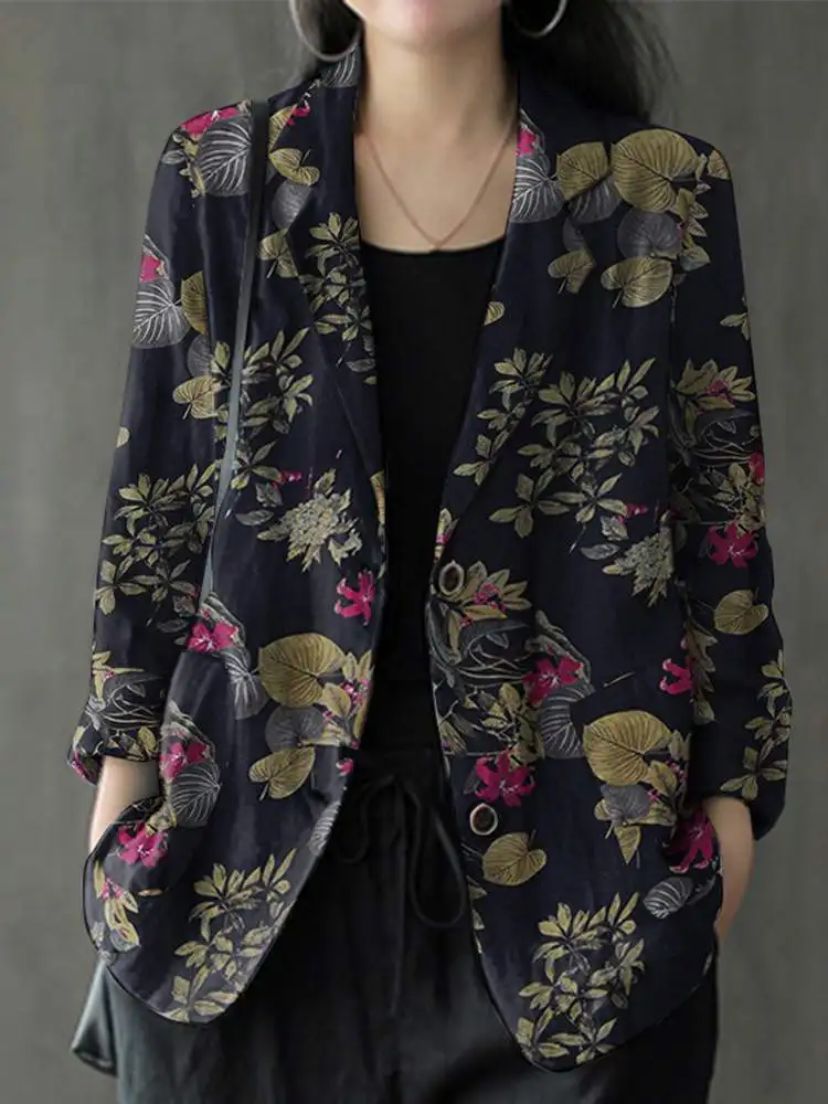 ZANZEA Women Cotton Blazer Vintage Lapel Neck Long Sleeve Thin Coats Autumn Elegant Work Suit Retro Floral Printed Loose Outwear