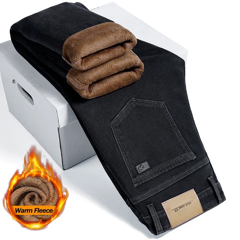 

Зимние флисовые теплые джинсы, мужские тонкие модные корейские прямые эластичные джинсовые брюки, утепленные плюшевые бархатные черные, серые термобрюки