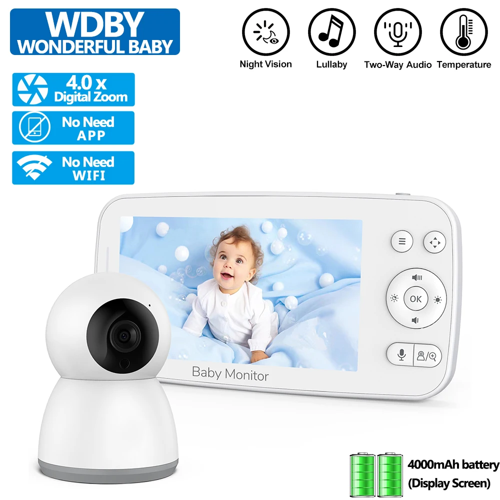 5.0 Inch Video Baby Monitor 1080P Camera 4000mAh Battery Two Way Night Vision PTZ 4X Zoom Video Playback VOX Babysitter No WIFI