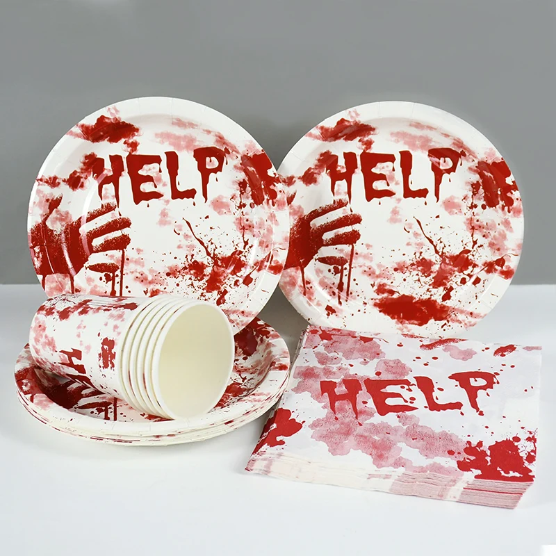 Halloween Horror Blood Handprint Disposable Tableware Paper Plate Cup Napkin Halloween Party Tableware Decoration Supplies Props