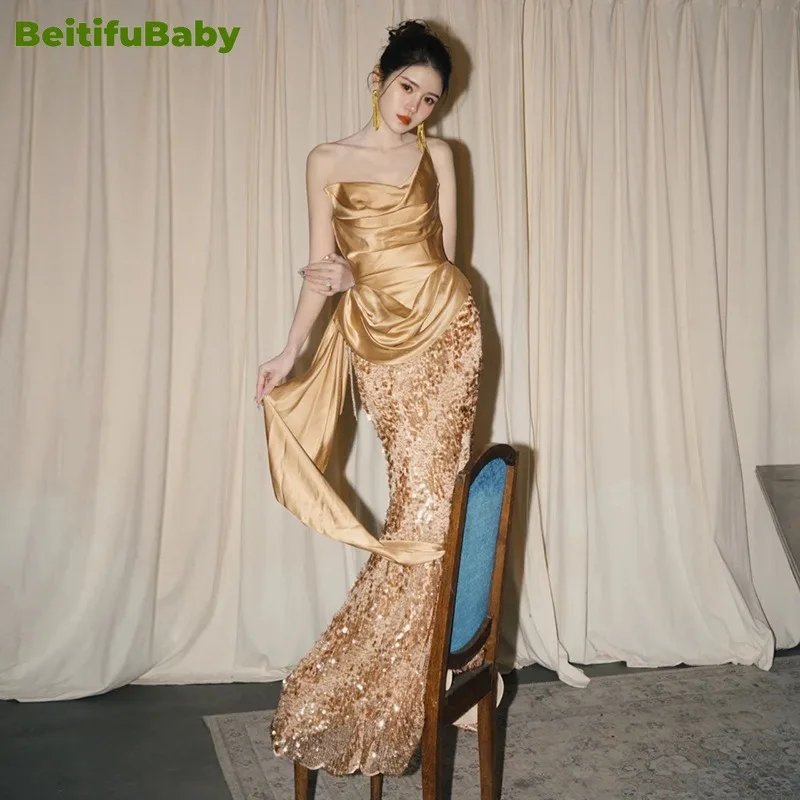 

BeitifuBaby Vintage Women Evening Party Dress Elegant Champagne Strapless Banquet Fishtail Skirt Bride Slimming Formal Dresses