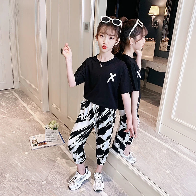 Girls Summer Casual Sports Suit Childrens Korean Style Fashionable Short-sleeved Cropped Pants Two-piece Suit Kids Sets 7 11 12y