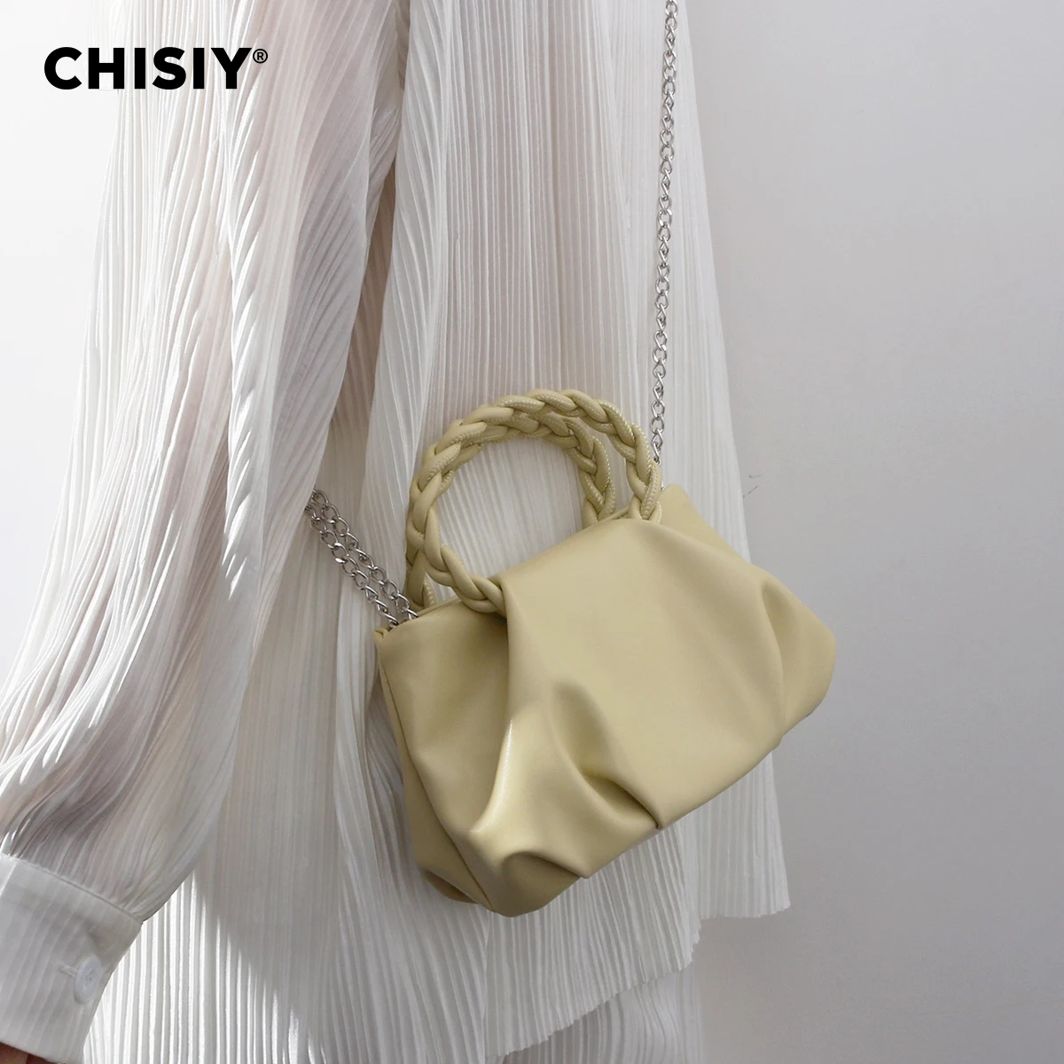 1 piece of CHISIY original handmade woven pleated solid cream yellow synthetic leather fashionable large capacity handbag