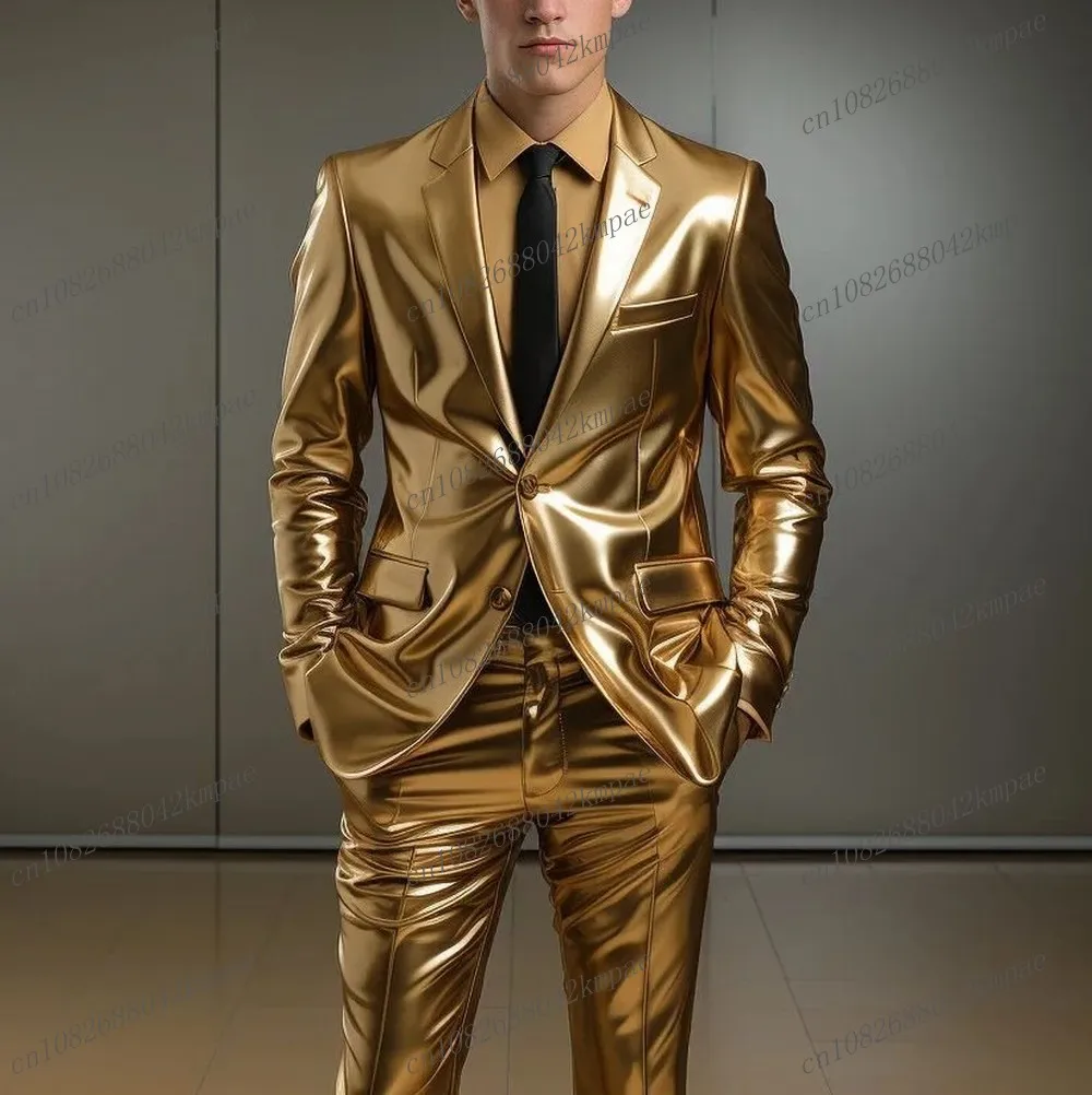 

New Gold Leather Men Suit Formal Occasion Groom Groomsman Wedding Party Prom Male Business Tuxedos 2 Piece Set Blazer Pants