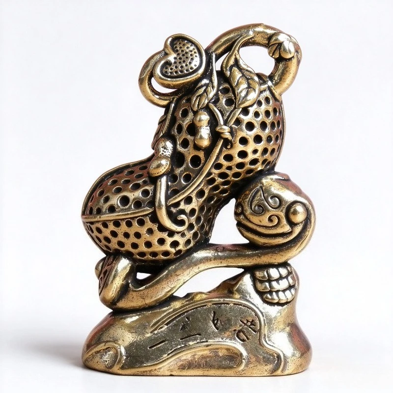 Brass Peanut & Ruyi Figurine Retro Mini Metal Statue Desktop Ornament Tea Pet Collectible Craft
