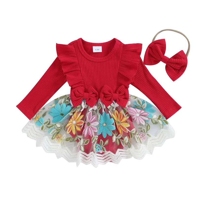 

Toddler Newborn Infant Baby Girls Autumn Romper Dress Long Sleeve Floral Embroidery Tulle Patchwork Jumpsuit with Headband
