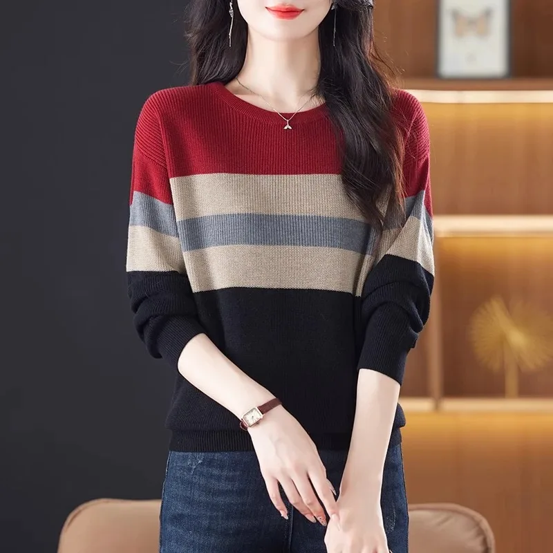 Women Clothes Spring Autumn Fashion Korean Striped Color Blocking Knitting Female All-match Appear Thin Sweater Pullovers Top Te