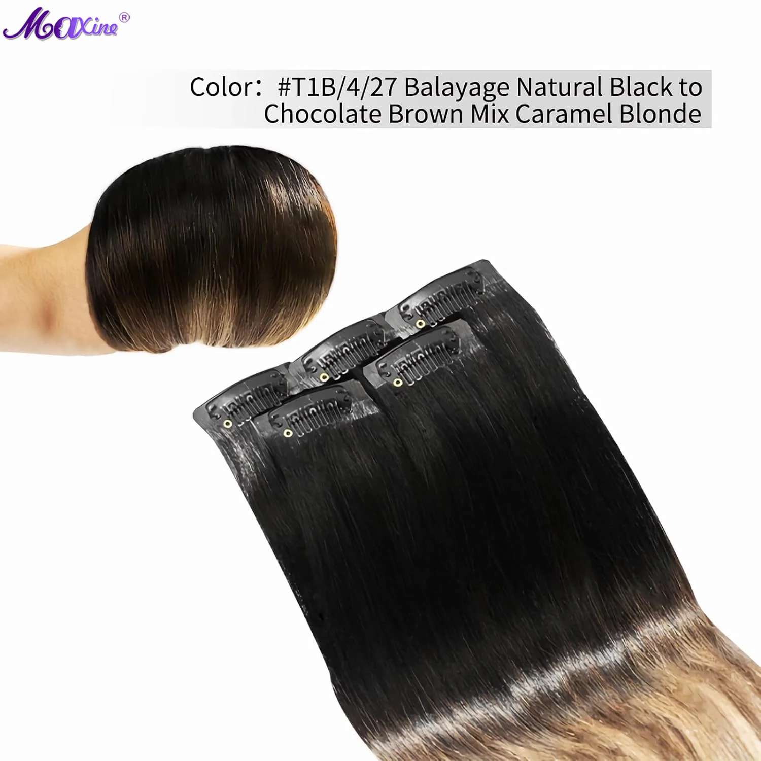 Balayage Natural Black to Chocolate Brown Mix Caramel Blonde Clip in hair extensions  clip in human hair 16 Inch 30g 5pcs