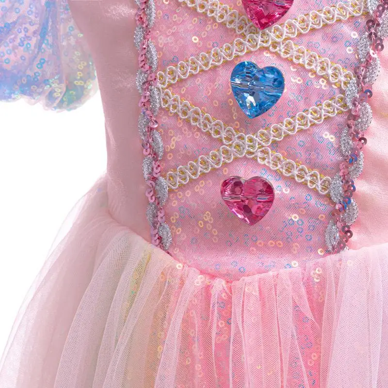 Maglia da ragazza con pietre preziose colorate con paillettes sfumate di perle nuove con maniche a palloncino Abito da principessa Abito cosplay a