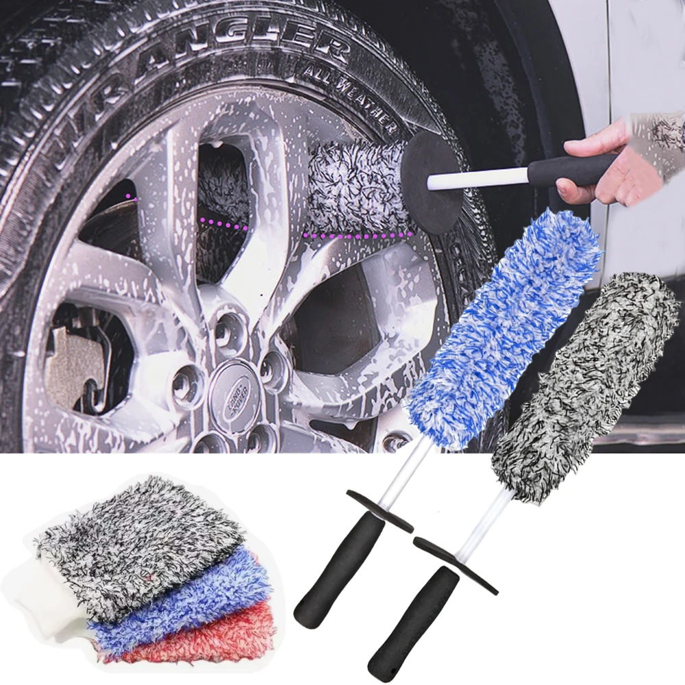 

Car Wash Brush Microfiber Wheel Brush Cleaning Gloves Non-Slip Handle Plush Rims Spokes Wheel Washing Brushes Car Accessories