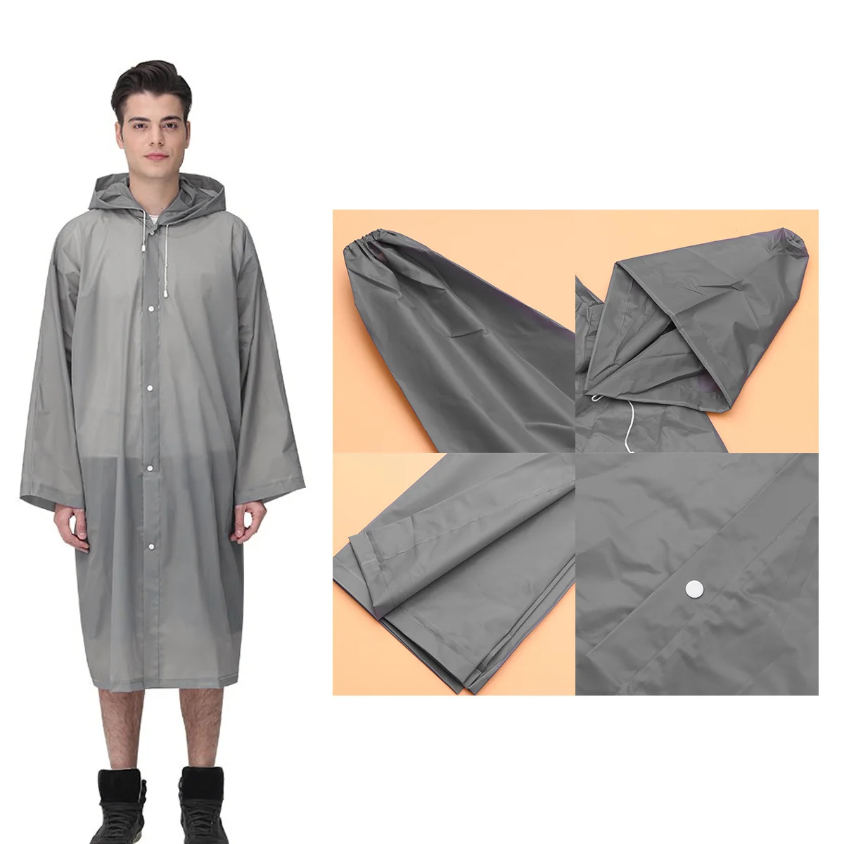 

1pcs Adult Transparent Raincoat Matte Eva Waterproof Reusable Lightweight Rain Poncho For Outdoor Hiking Camping Travel Grey