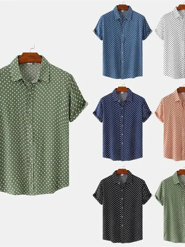 Men's Polka Dot Collar Short Sleeve Shirt Fashion Urban Style Casual Loose Fit Polyester Fabric Anti-Wrinkle Treatment Daily ...