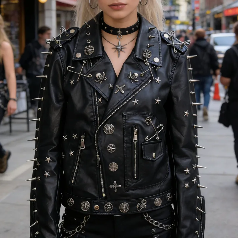 HKSH Women PU Leather Jacket Punk Hip Hop Trend Niche Moto Biker Rivet Needle Design Dark High Street Coat Spring Autumn HK23979