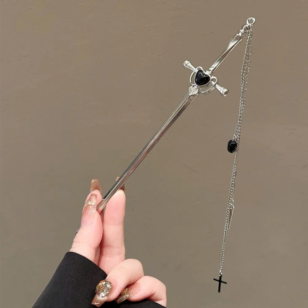 2026 New Sword Hairpin for Women Punk Silver Color Metal Hair Stick with Heart Cross Tassel Vintage Headdress Hair Accessories