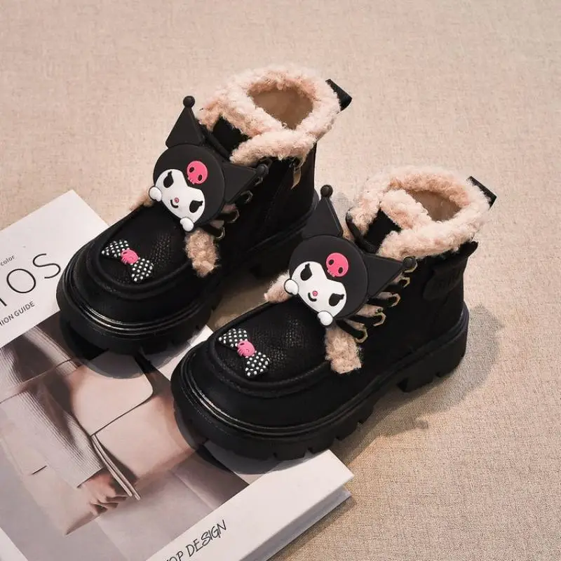 

Sanrio Kuromi Plus Velvet Martin Boots Kids Anime Keep Warm Leather Shoes Winter Thicken Casual Shoes Kawaii Cartoon New Style