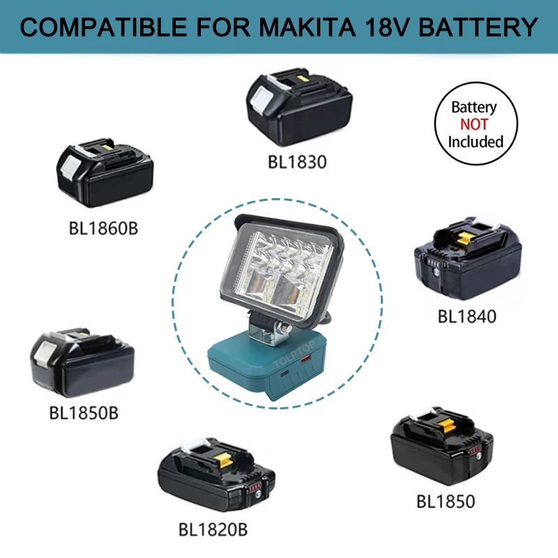 Portátil LED Work Light, lanterna sem fio, Spotlight, iluminação de emergência, Li-ion Battery, Makita, Lomvum, Zhipu, Hongsong, 18V