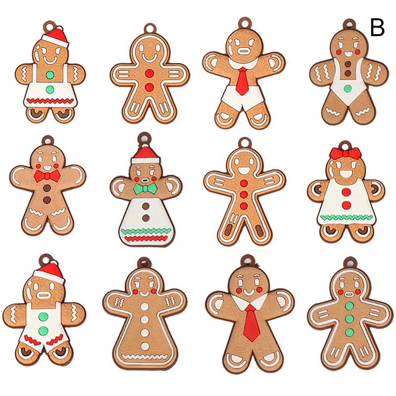 Set Of 12 Christmas Tree Decor Hanging Cartoon Gingerbread Man/Snowman/Santa Pendant Festival Party Ornament For Indoor