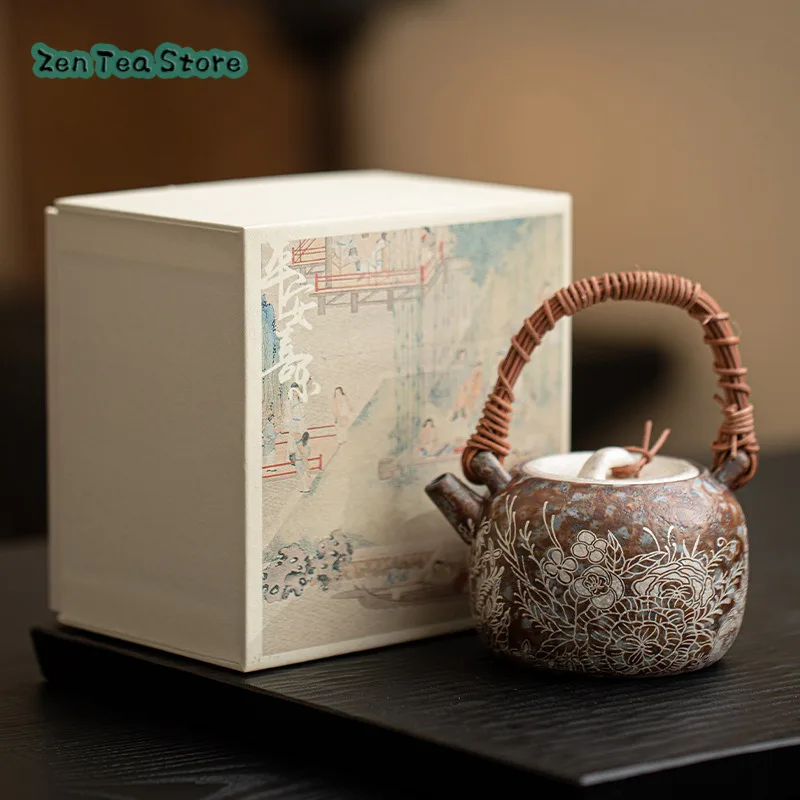 Compound Ancient Rock Mud Flowers Silver Teapot Anti-ironing Rattan Woven Lifting Beam Pot Home Kung Fu Tea Set Teapot