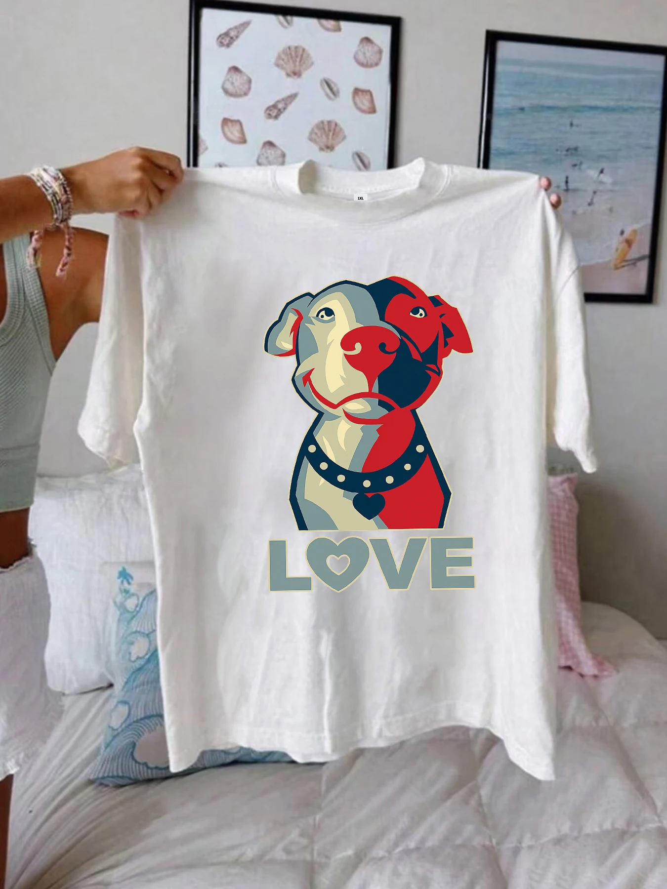 

【1011961】Женская футболка больших размеров с круглым вырезом и принтом в виде мультяшной собаки, летний повседневный топ с короткими рукавами, модный и универсальный.