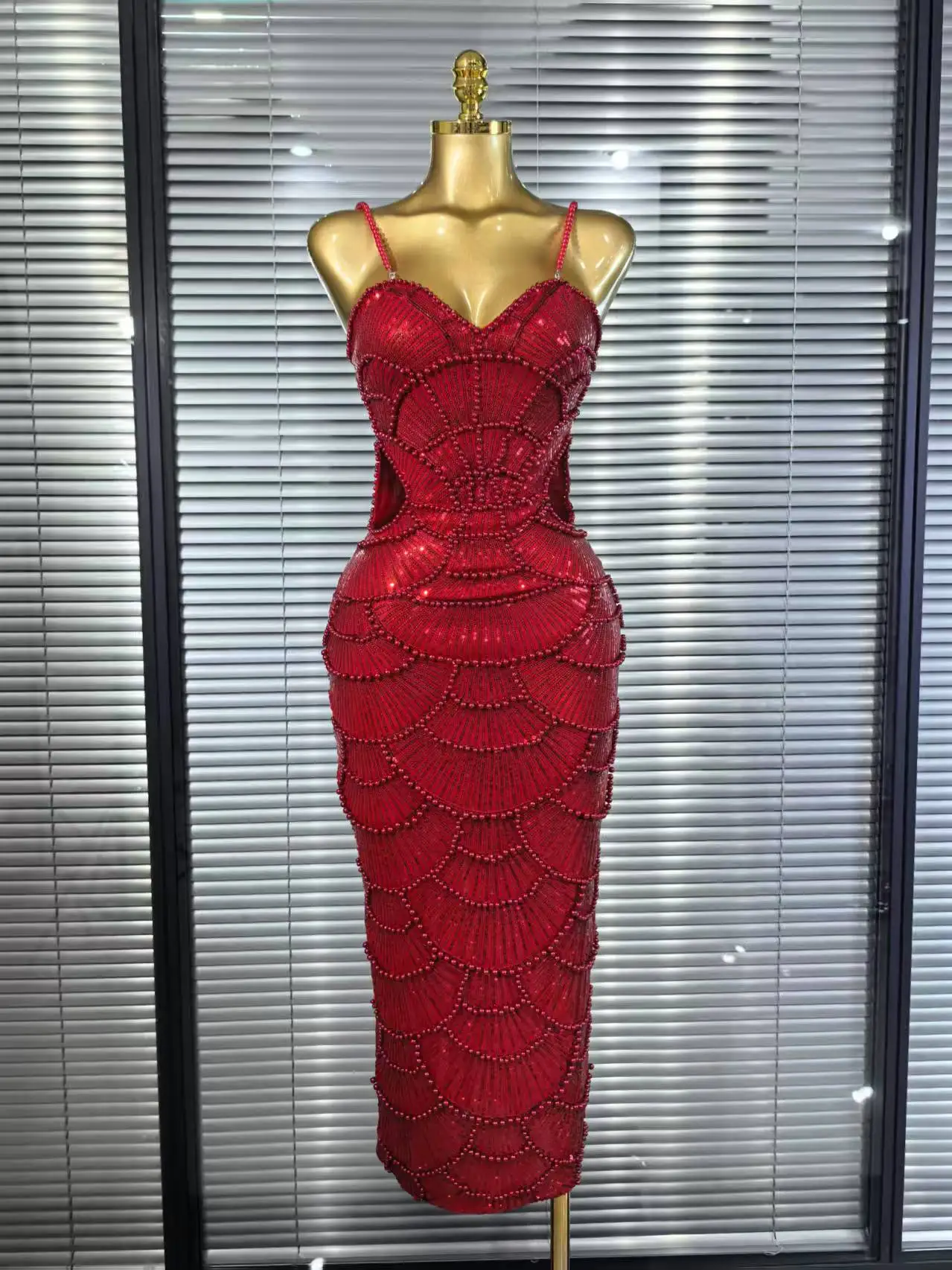 womens christmas bodycon dress Style Women Sleeveless Sexy Strap V-Neck Pearl Beading Long Celebrate Evening Party Cocktail Outfit formal christmas dress