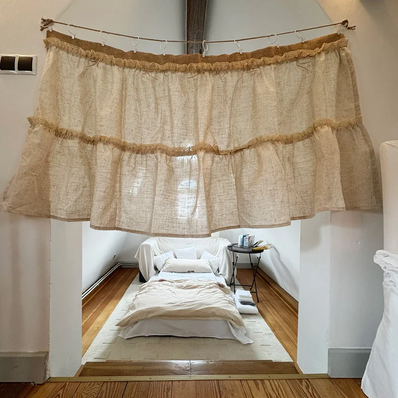 

Linen Sheer Curtains Flax Natural Curtains Light Filtering Rod Pocket with Lace Window Treatment for Kitchen Bedroom Living Room