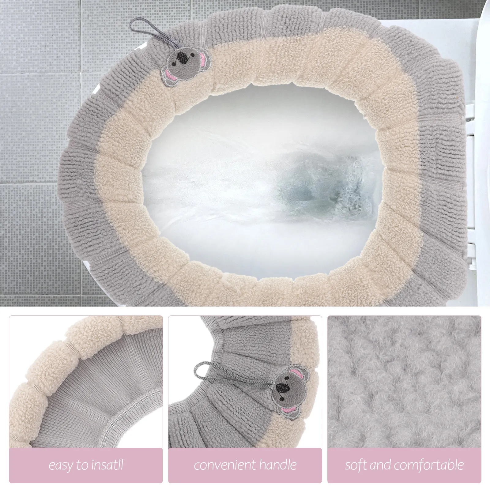 Knitted Toilet Seat Cover Winter Soft Warm Bathroom Cushion Color Contrast Handle Detachable Washable Toilet Lid Covers Thicker