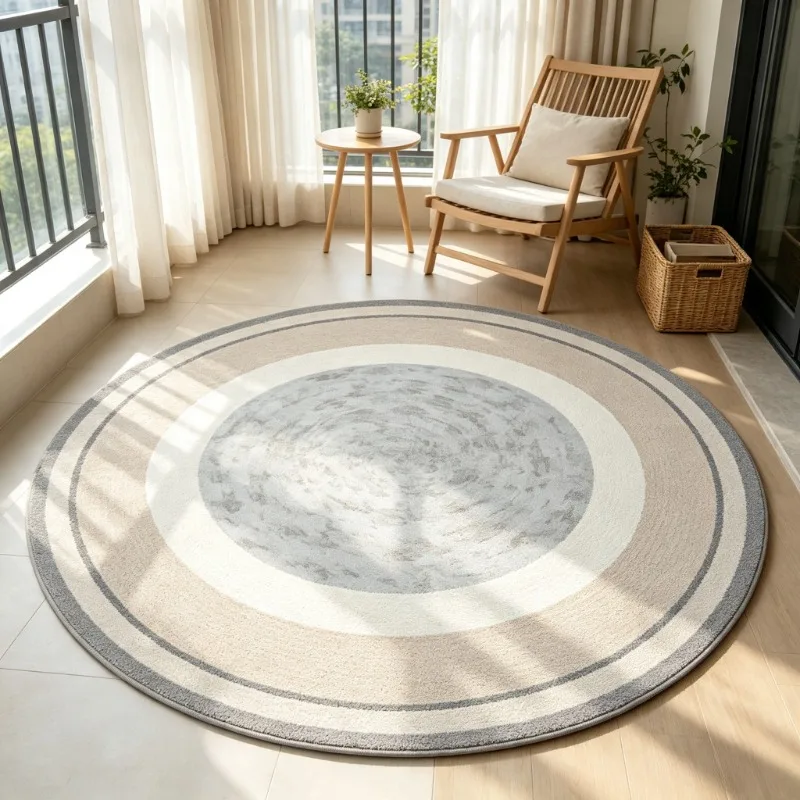 Contemporary Neutral Tone Circle Round Rug,Elegant Layered Grey Beige Ring Pattern Printed Circular Floor Mat,Living Room