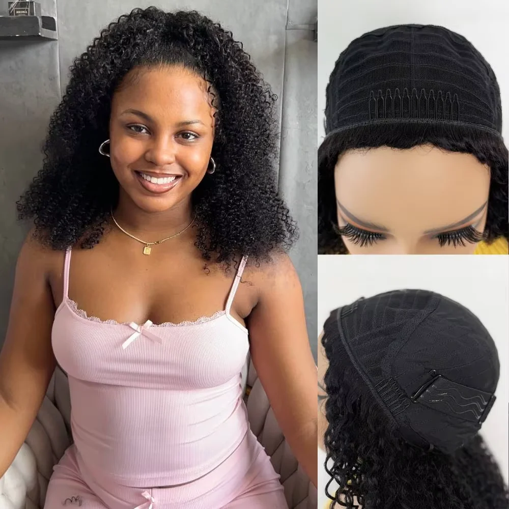 250 High Density Afro Kink Curly Half Wig Human Hair Breathable Machine Made 3In1 Deep Curly Clip In Hairpiece UpgradeHalf Wigs