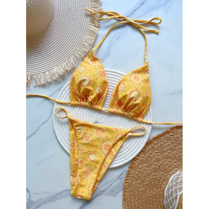 

2025Popular Yellow Printings Banded Bikini Suit Low Waist Lace-up Fashionbiquini