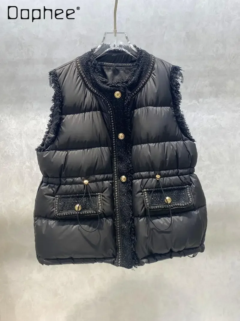 

2024 Winter New Down Vest White Duck Down Drawstring Waist Round Neck Sleeveless Single-breasted Waistcoat Casual Female Trend