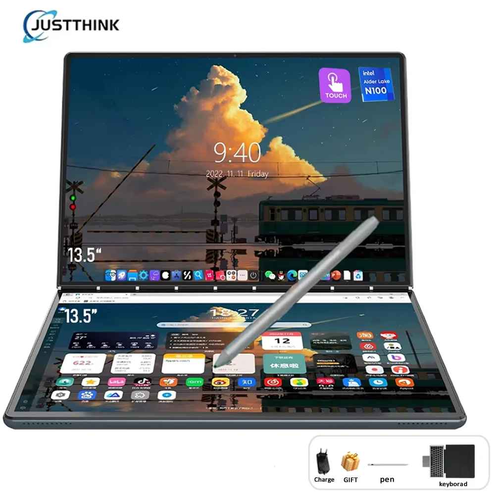 Portátil de pantalla Dual procesador Intel N100 13,5 + 13,5 pulgadas pantalla táctil portátil para juegos DDR4 32GB 1TB 512GB SSD ordenador portátil