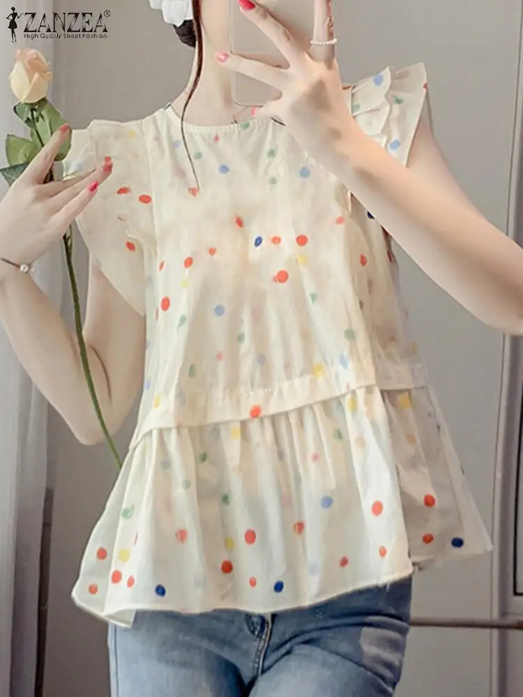 ZANZEA Sweety Korean Fashion Blouse Fashion Colorful Dot Ruffles Shirts Holiday Summer Stitching Pleats Tops Casual Loose Tunics