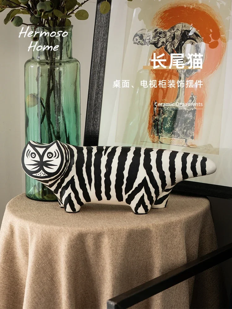 Long tailed cat ceramic ornament TV cabinet decoration