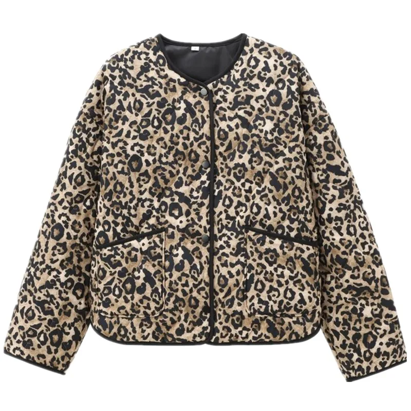 

Fall 2024 New Women's Animal Print Leopard Sve Cotton Jaet Coat Long Sve Casual Outerwear Comfortable Loose Fit Coat
