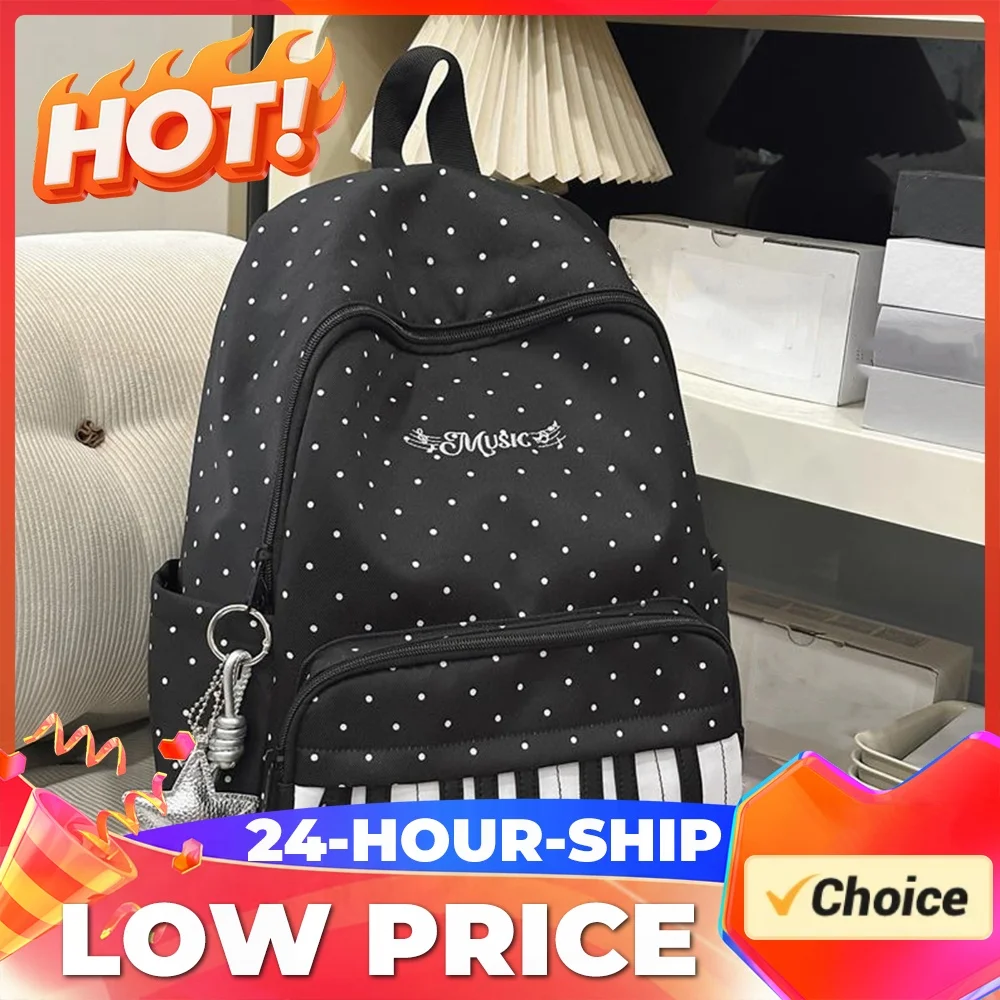 Nylon Polka Dot Piano Key Backpack 16.9 Inch with Pendant Laptop Bag for Teen Girls Travel Shopping Daily Use