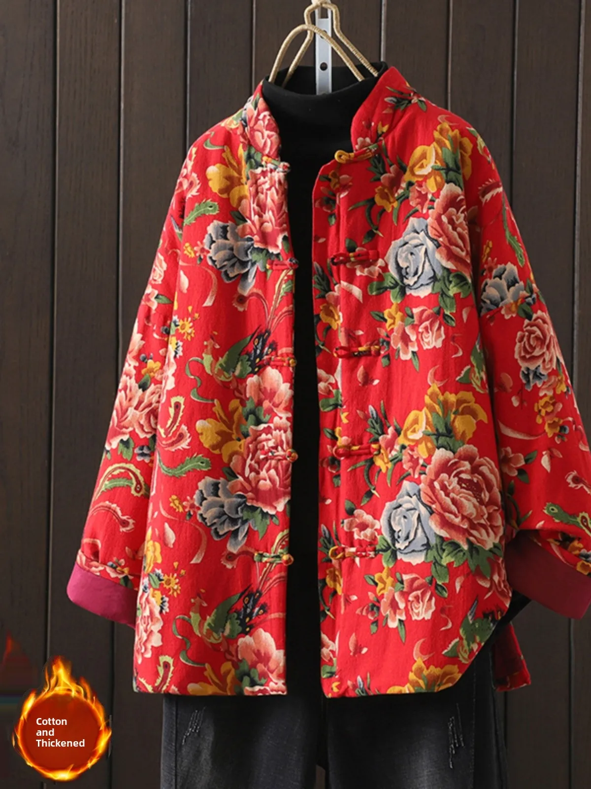

Thiened Cotton Jaet Women's Winter Coat Northeast Big Flower Cotton Padded Vest Vintage National Sle Button up Outerwear