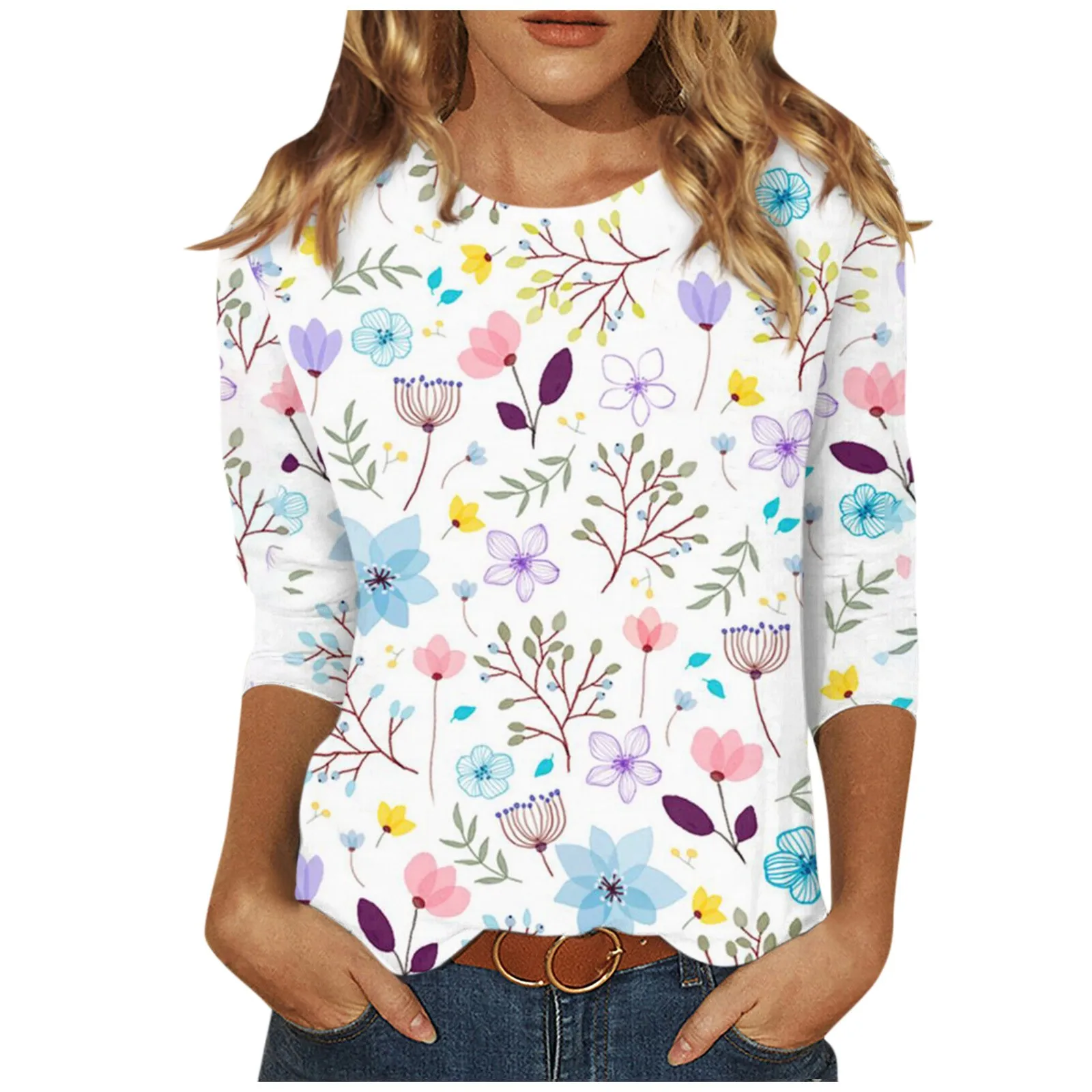 بلوزة نسائية مطبوعة نباتية ، قمصان نسائية ، رقبة مستديرة ، أكمام ، موضة فريدة ، ملابس صيفية ، Y2K ، مقاس كبير